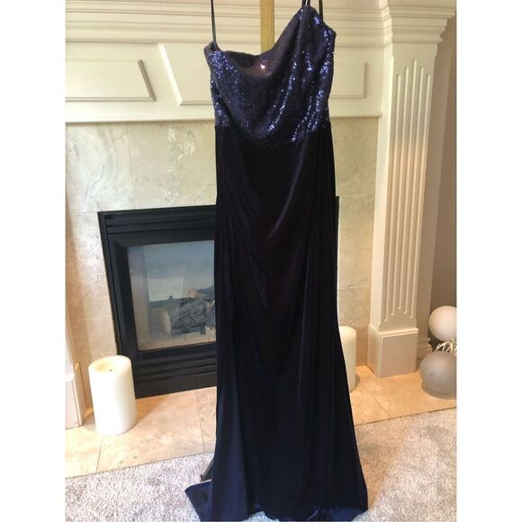 Windsor Women’s Navy Blue Sequin and  Velvet One Shoulder Elegant Large Slit Dre - Picture 1 of 9